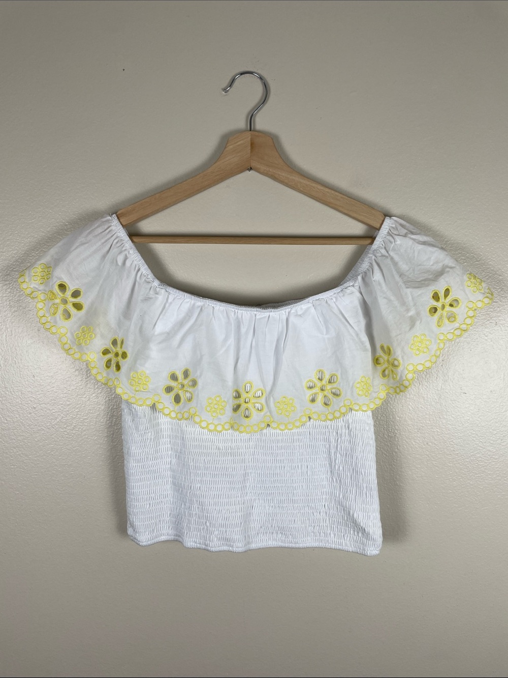 miami White Off-Shoulder Crop Top with Yellow Floral Trim. Large